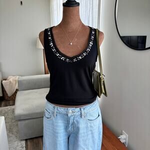 2000s White House Black Market Cinched Waist Embellished Black Tank Top Small